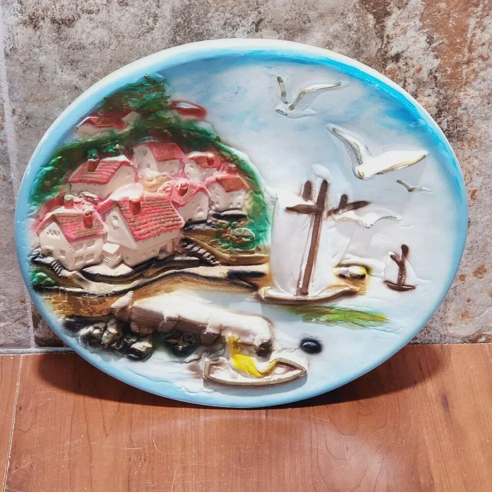 Vintage Chalkware Plaster Plaques 3D Wall Hanging Plate Seaside Seagulls Houses